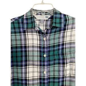 Old Navy The Boyfriend Shirt Blue Green Plaid Size Medium‎